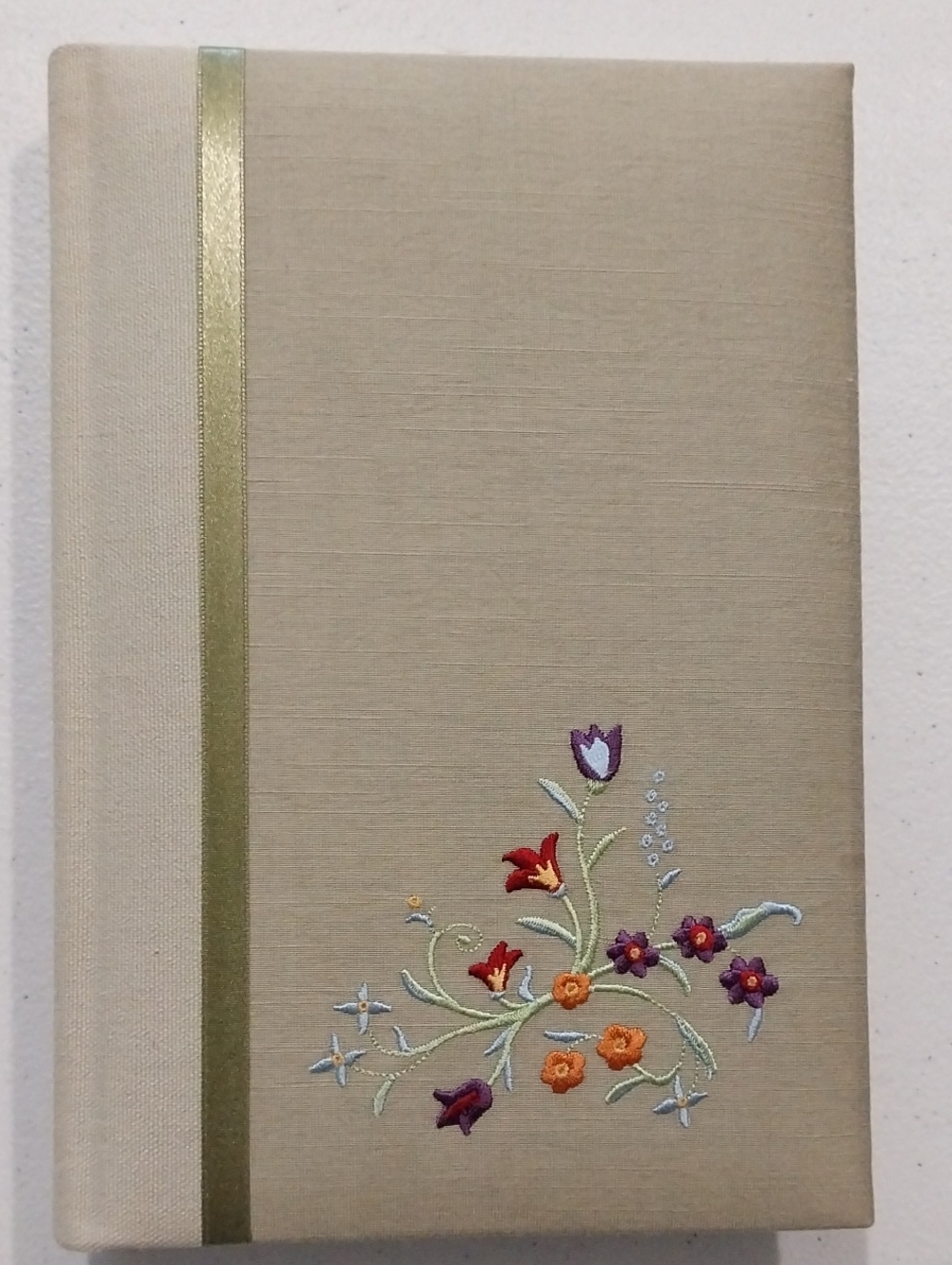 Tan Linen Embroidered Floral Journal with Gold Ribbon New
